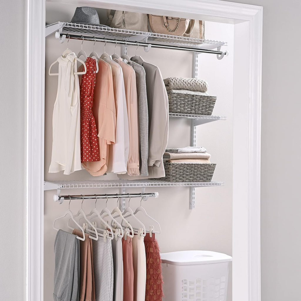 White Wire Shelving Kit with Expandable Shelving and Telescoping Rods U952029
