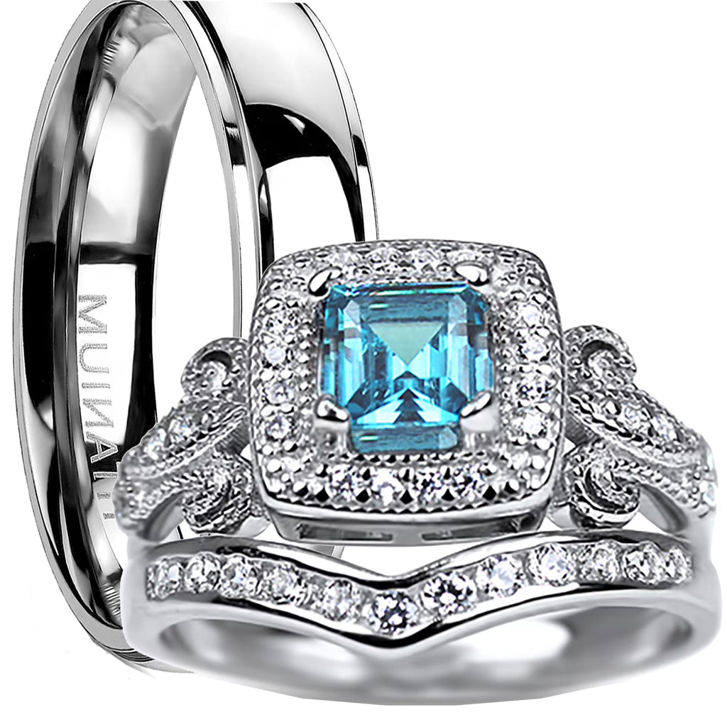 Trio His Hers Blue Topaz CZ Silver Wedding Engagement Ring Set Titanium O554