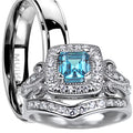 Trio His Hers Blue Topaz CZ Silver Wedding Engagement Ring Set Titanium O554