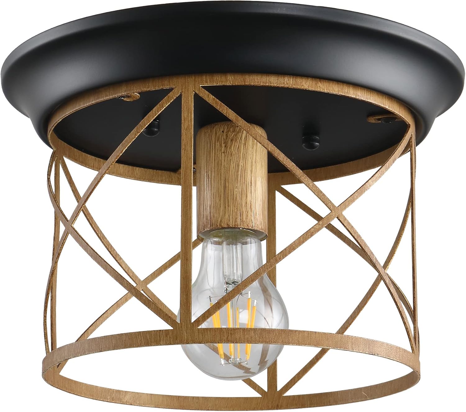 Rustic Flush Mount Ceiling Light with Hand Paint Wood Finish Vintage Industrial Metal Cage Ceiling Lamp E26 Base O6464