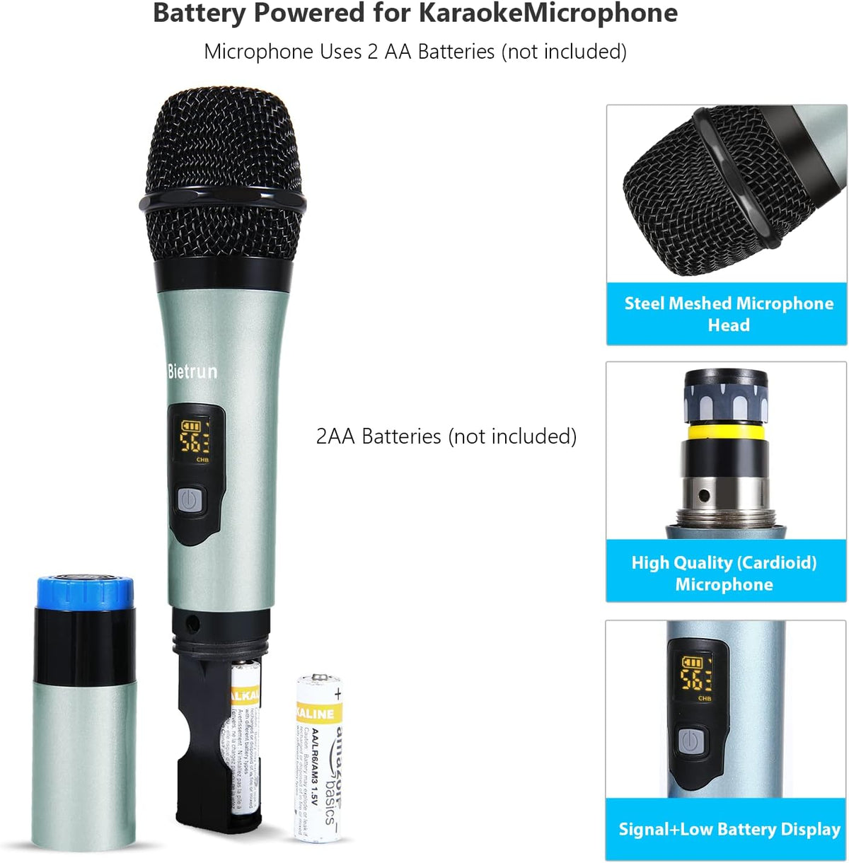 UHF Dual Channel Wireless Microphones with Bluetooth, Metal Cordless Handheld Dynamic Mics Z584725