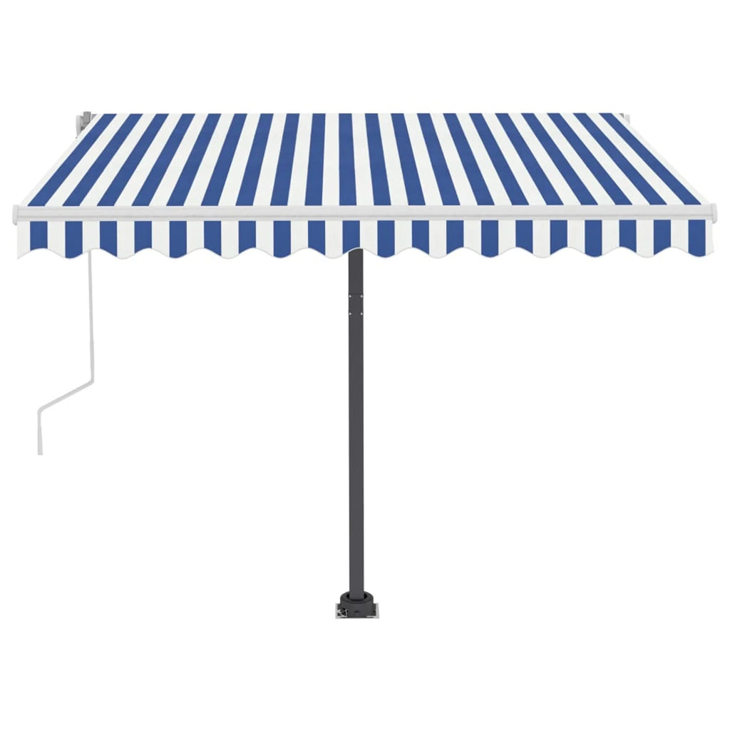 Freestanding Manual Retractable Awning with Base Outdoor Canopy Sunshade Shelter Blue and White 118.1 x 98.4 Inches R1897