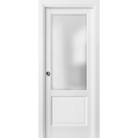 Matte White Pocket Door with Glass and Rail Hardware I7226