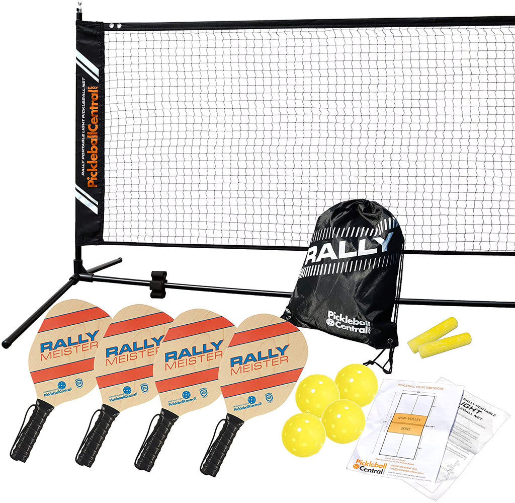 Complete Beginner Pickleball Set with Portable Net, 4 Paddles, 4 Pickleballs, Drawstring Bag, Line Chalk B4603