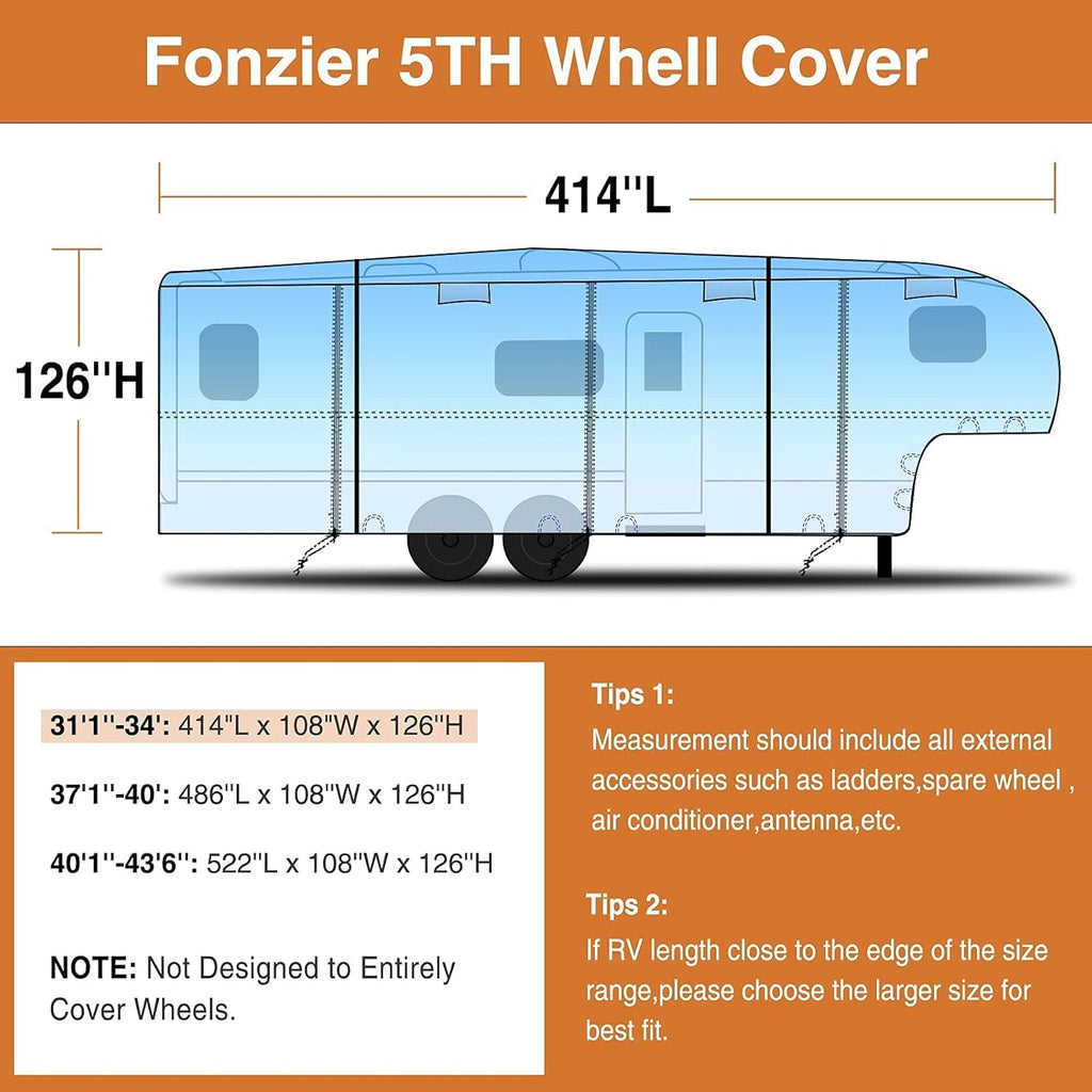 6 Layers Top 5th Wheel RV Cover Anti-UV Camper Cover Breathable Rip-Stop with 2Pcs Extra Straps & Gutter Spout Covers Z809322