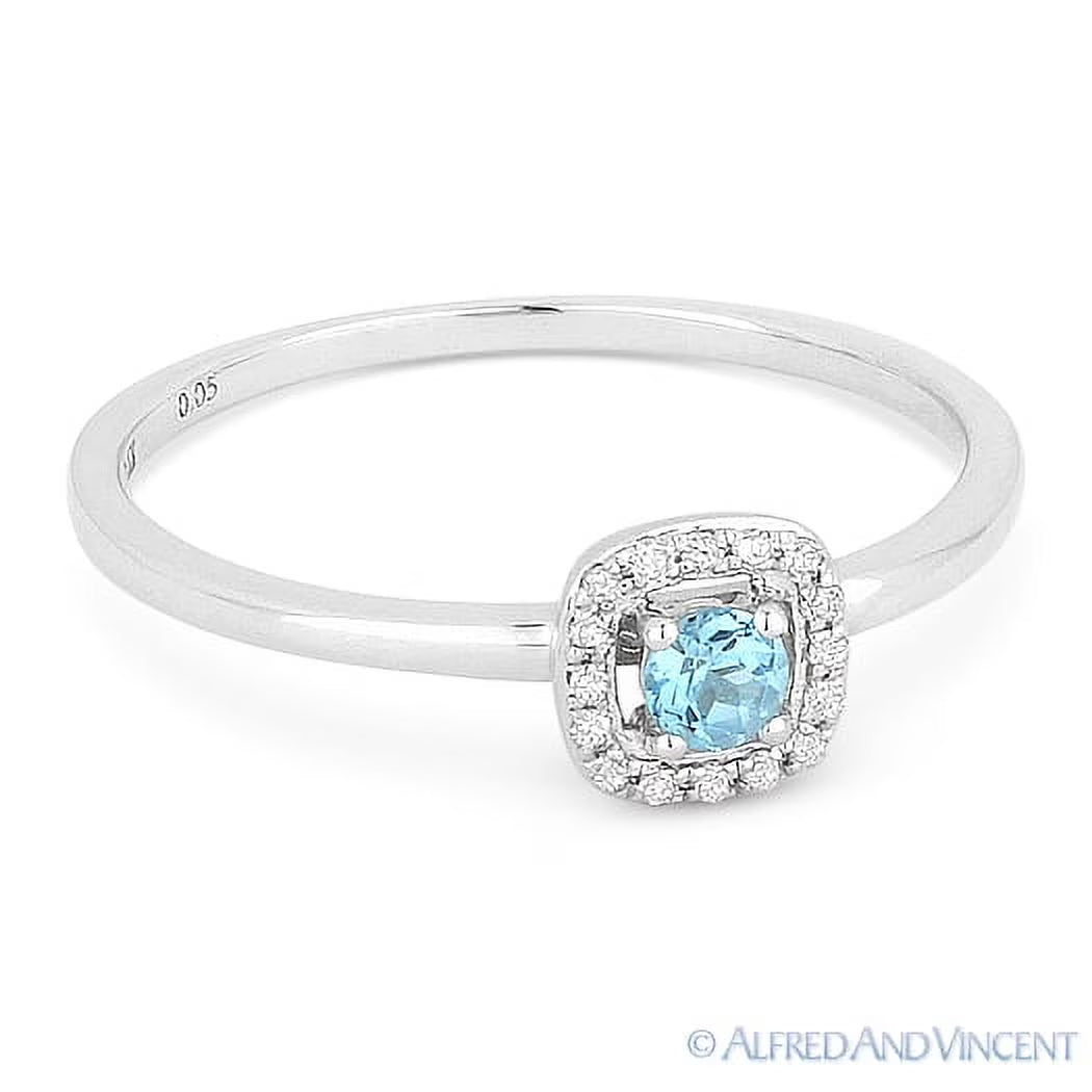 14k White Gold Blue Topaz Diamond Square Halo Ring J604