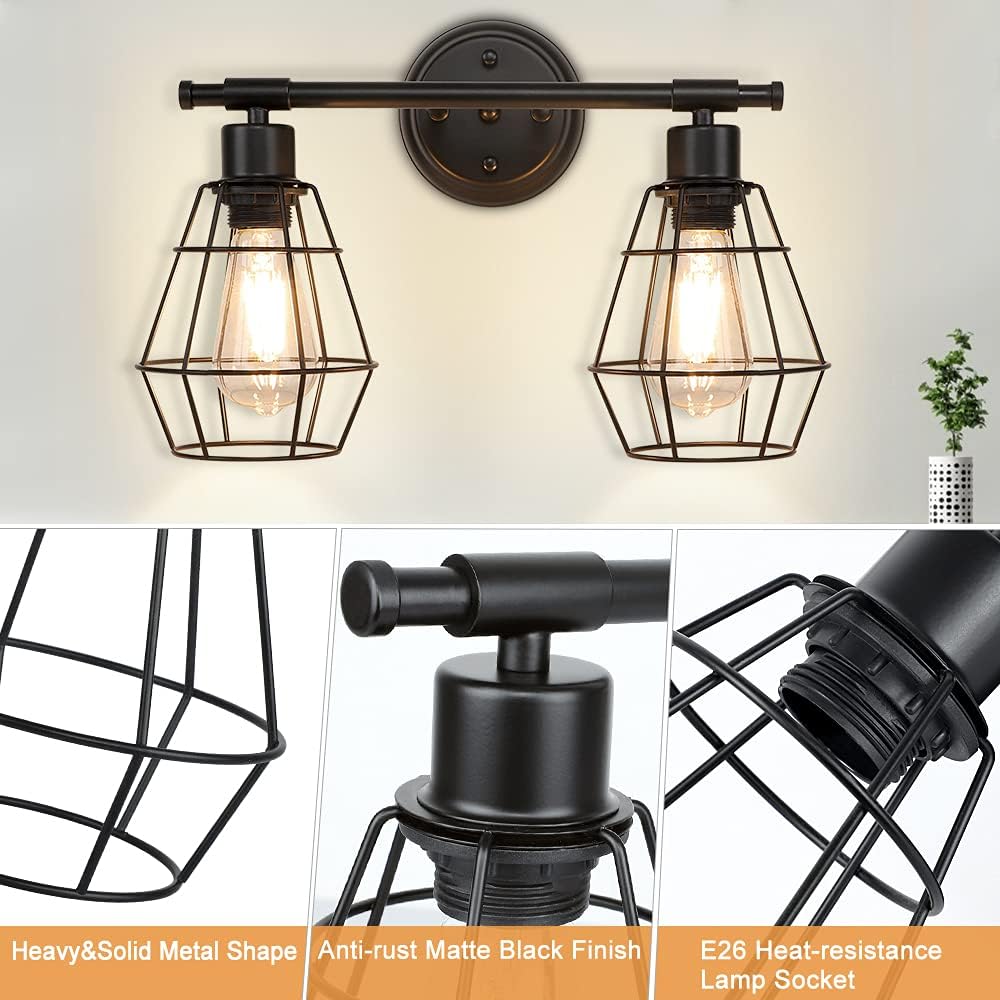 2-Light Industrial Wall Vanity Light Fixture, Black, E26 R1142