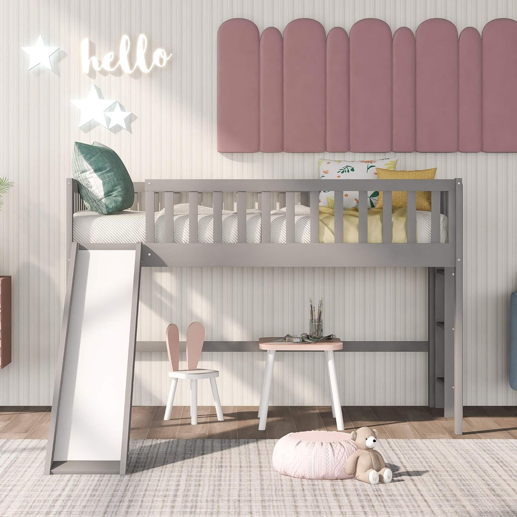 Gray Wooden Twin Loft Bed with Slide and Storage Cabinet Drawers and Book Shelves U891486