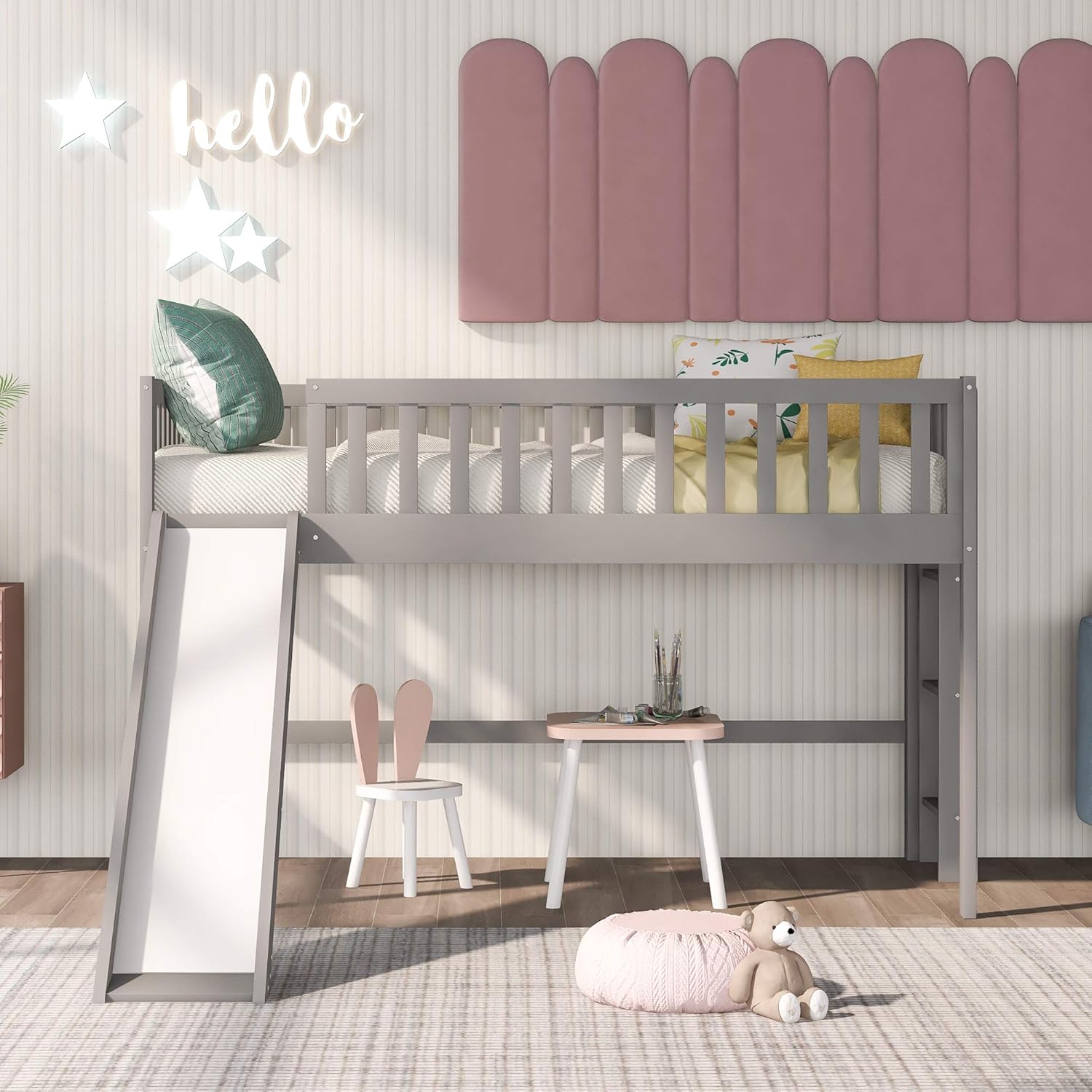 Gray Wooden Twin Loft Bed with Slide and Storage Cabinet Drawers and Book Shelves U891486