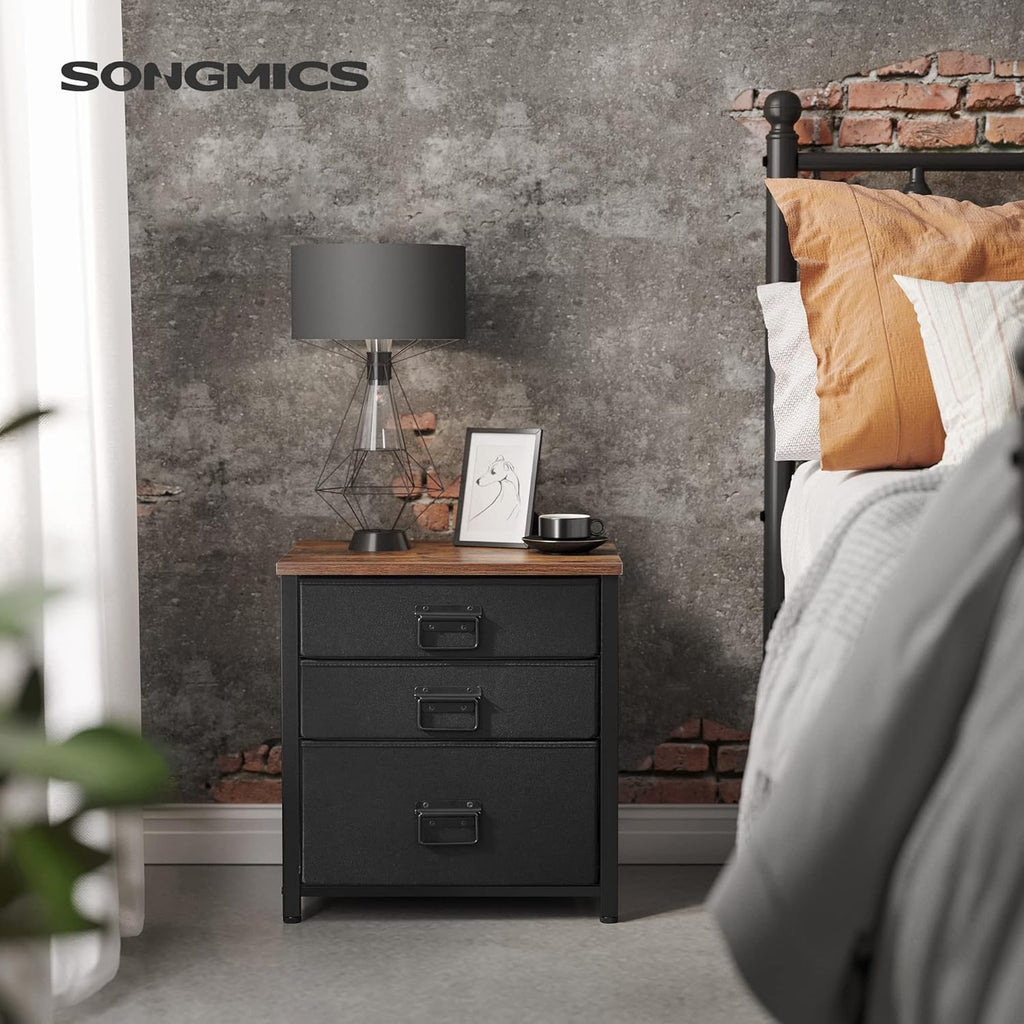 Rustic Brown and Black 3 Drawer Steel Frame Wooden Top Nightstand V4542