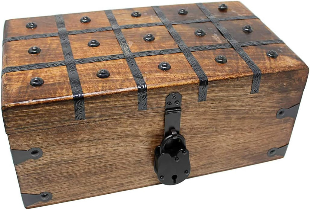 Wooden Treasure Chest with Antique Iron Lock and Skeleton Key, X-Large 17 x 10 x 7.5 M696