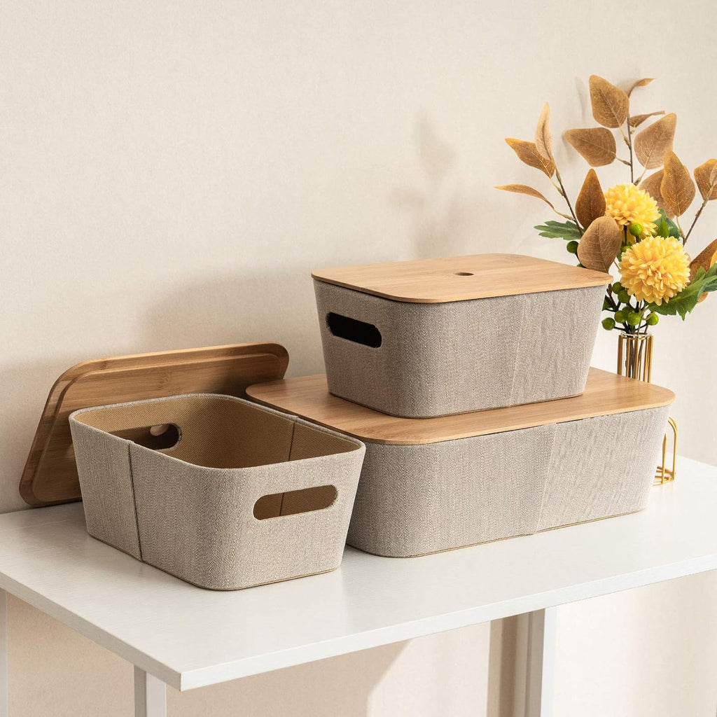 Khaki 3 Pack Storage Baskets with Bamboo Lids Q574