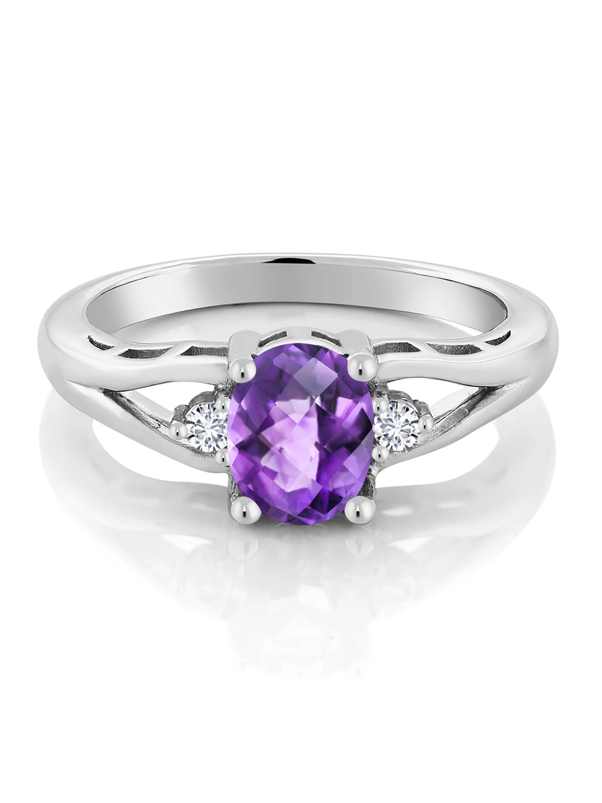 925 Sterling Silver Amethyst and White Lab Grown Diamond 3 Stone Engagement Ring, 1.28 Cttw, Size 9 U428307