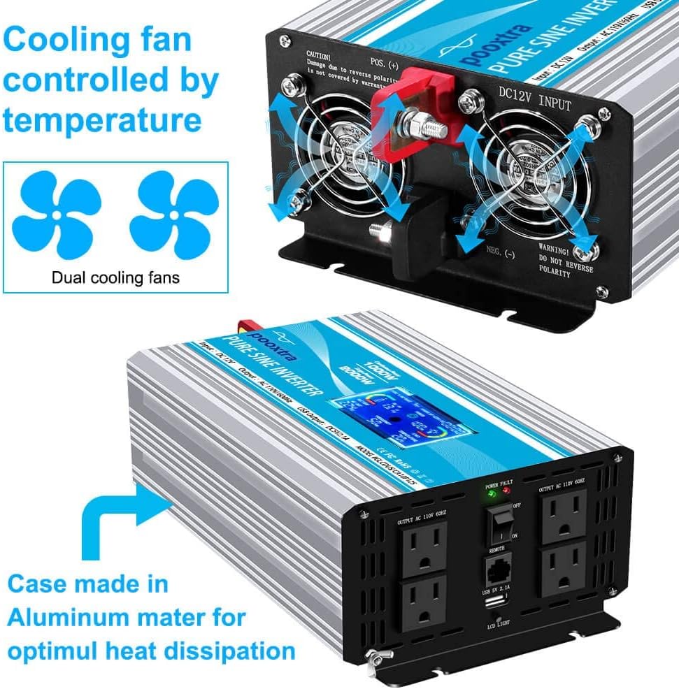 1000 Watt Pure Sine Wave Inverter 12v to AC 110v with 4AC Power Outlets, Remote Control, LCD Display H4214