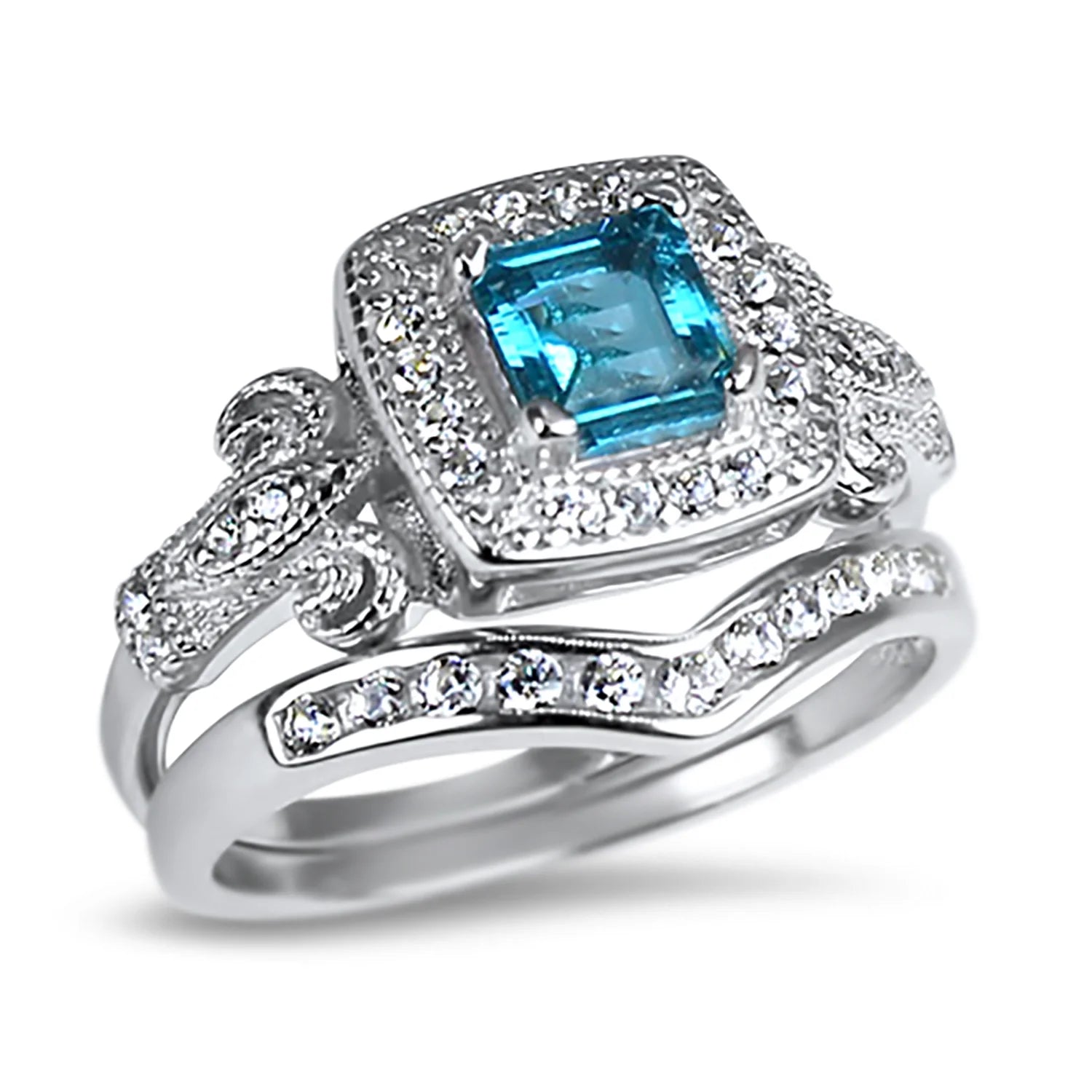 Trio His Hers Blue Topaz CZ Silver Wedding Engagement Ring Set Titanium O554