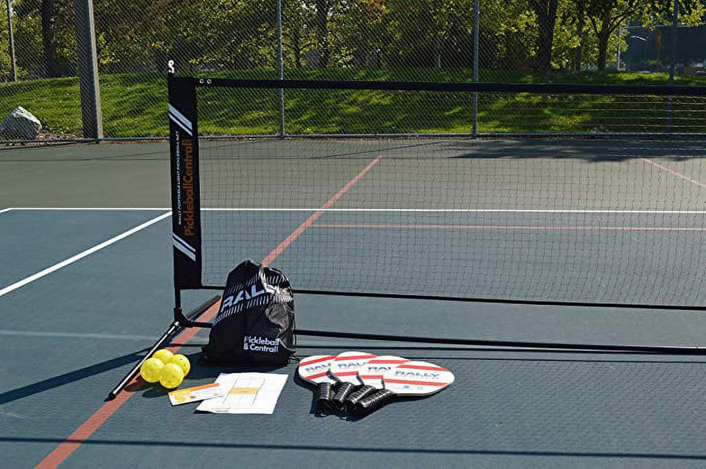 Complete Beginner Pickleball Set with Portable Net, 4 Paddles, 4 Pickleballs, Drawstring Bag, Line Chalk B4603