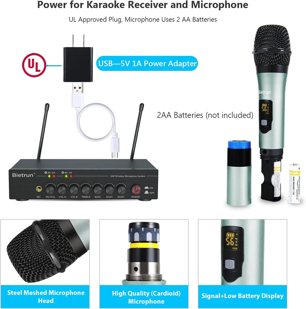 UHF Dual Channel Wireless Microphones with Bluetooth, Metal Cordless Handheld Dynamic Mics Z584725