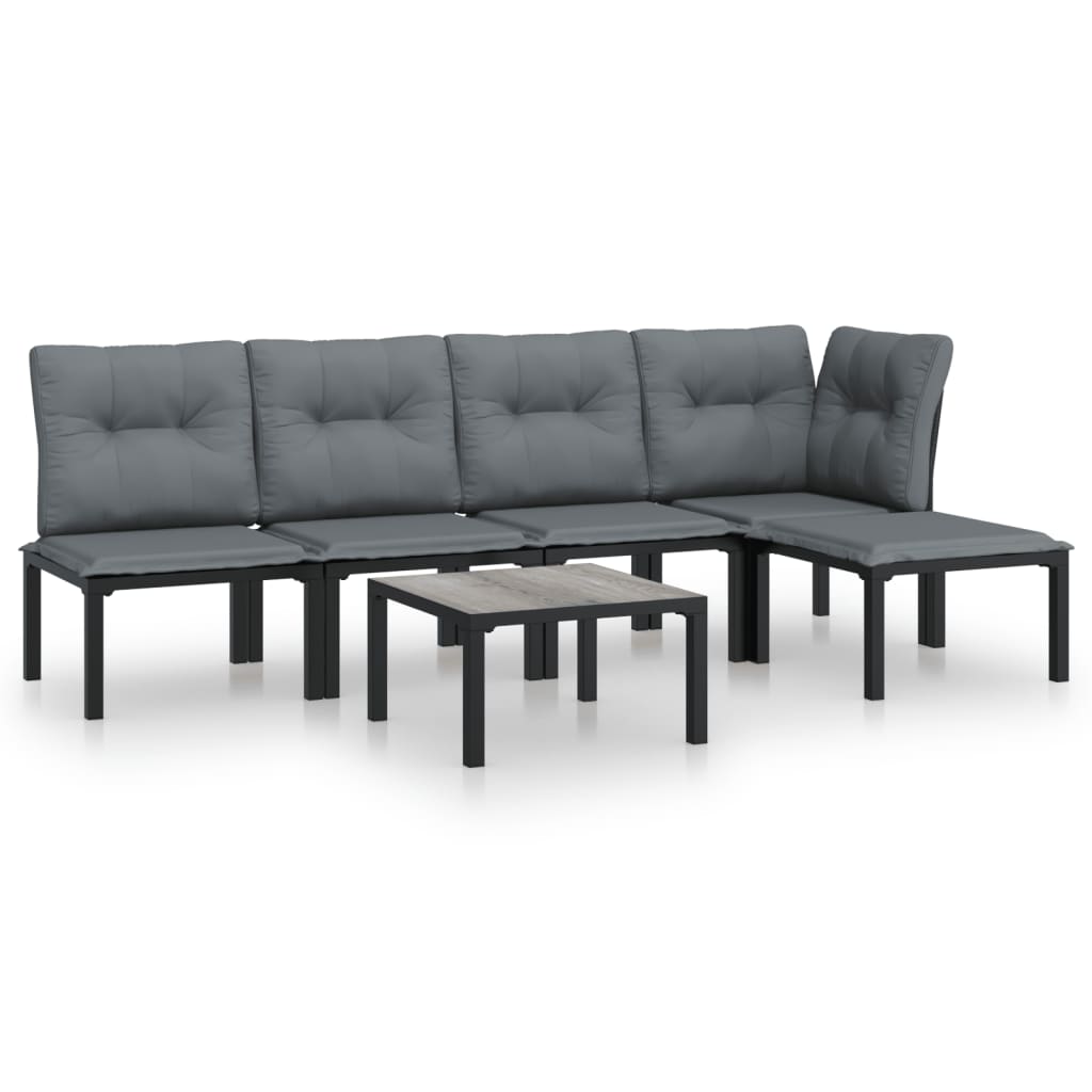 6 Piece Outdoor Patio Furniture Set, Sectional Sofa Set with Dark Gray Cushions, Black Poly Rattan I7281