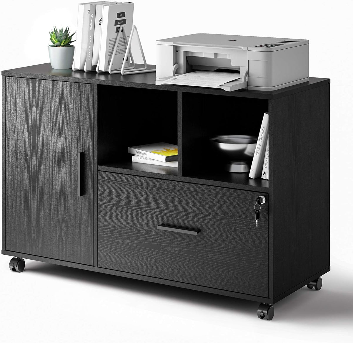 Black Wood Lateral File Cabinet with Lock X2251