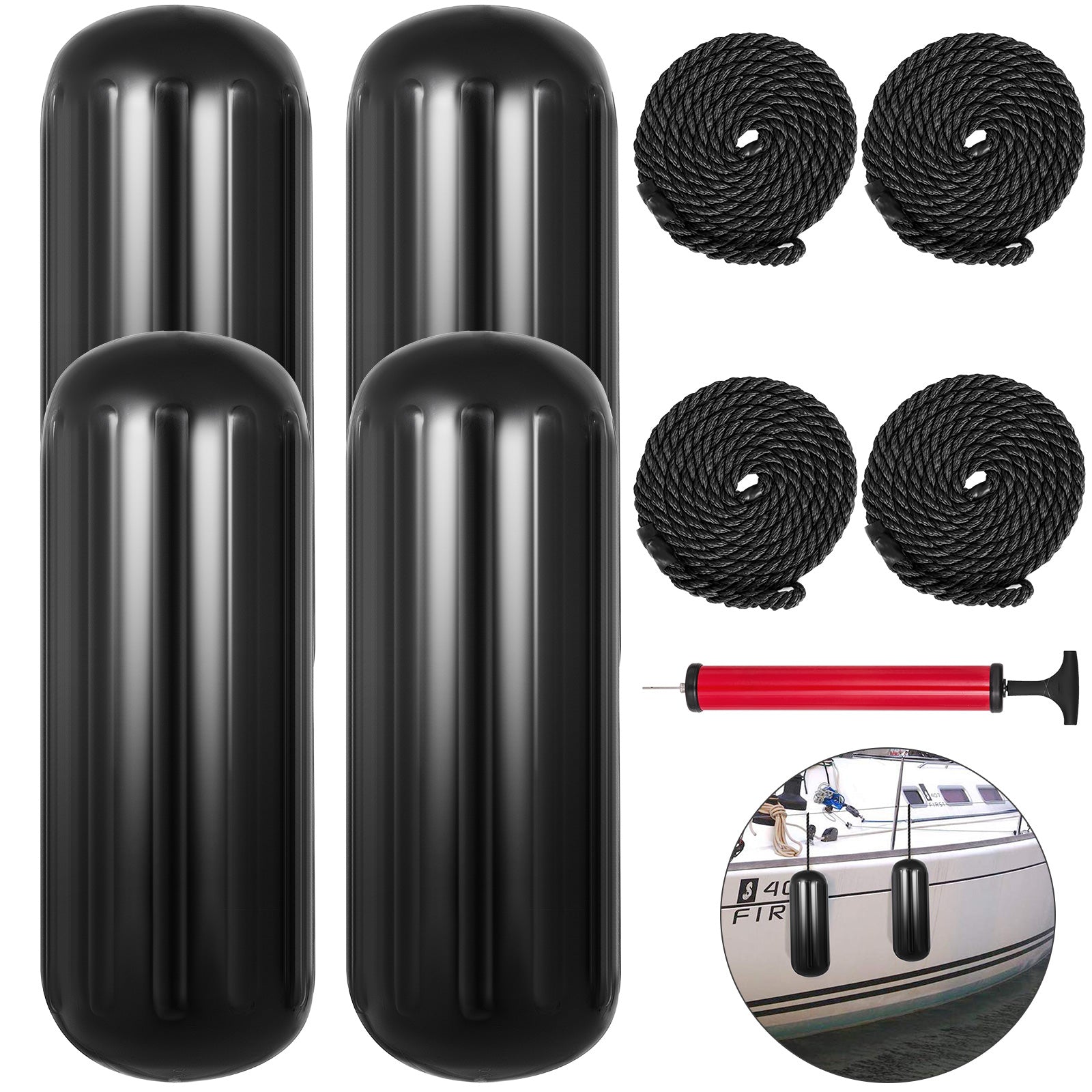 4 New Ribbed Boat Fenders 10" X 28" Black Center Hole Bumpers H549026