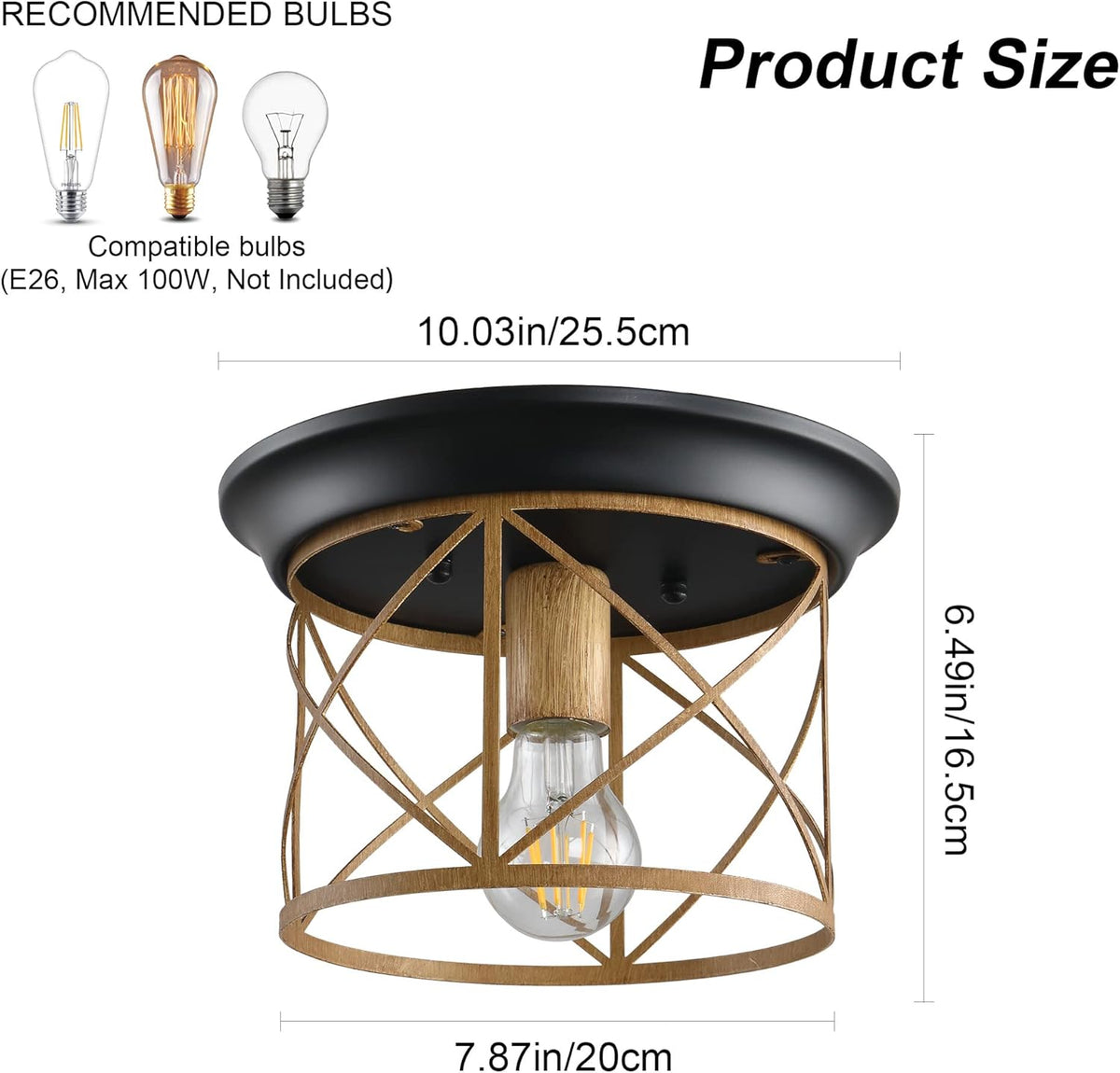 Rustic Flush Mount Ceiling Light with Hand Paint Wood Finish Vintage Industrial Metal Cage Ceiling Lamp E26 Base O6464