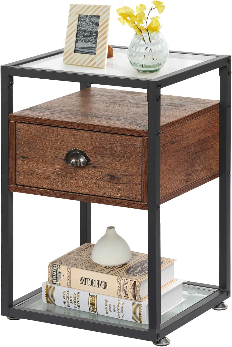 Brown+Black Tempered Glass Nightstand with Drawer and Shelf I37154