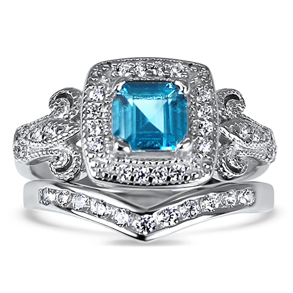 Trio His Hers Blue Topaz CZ Silver Wedding Engagement Ring Set Titanium O554