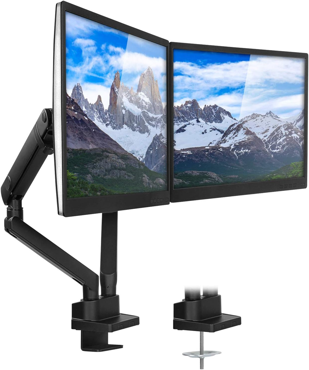 Dual Monitor Arm Mount Desk Stand, Height Adjustable, Fits Two 24 27 29 30 32 Inch VESA 75 100 Screens O4574
