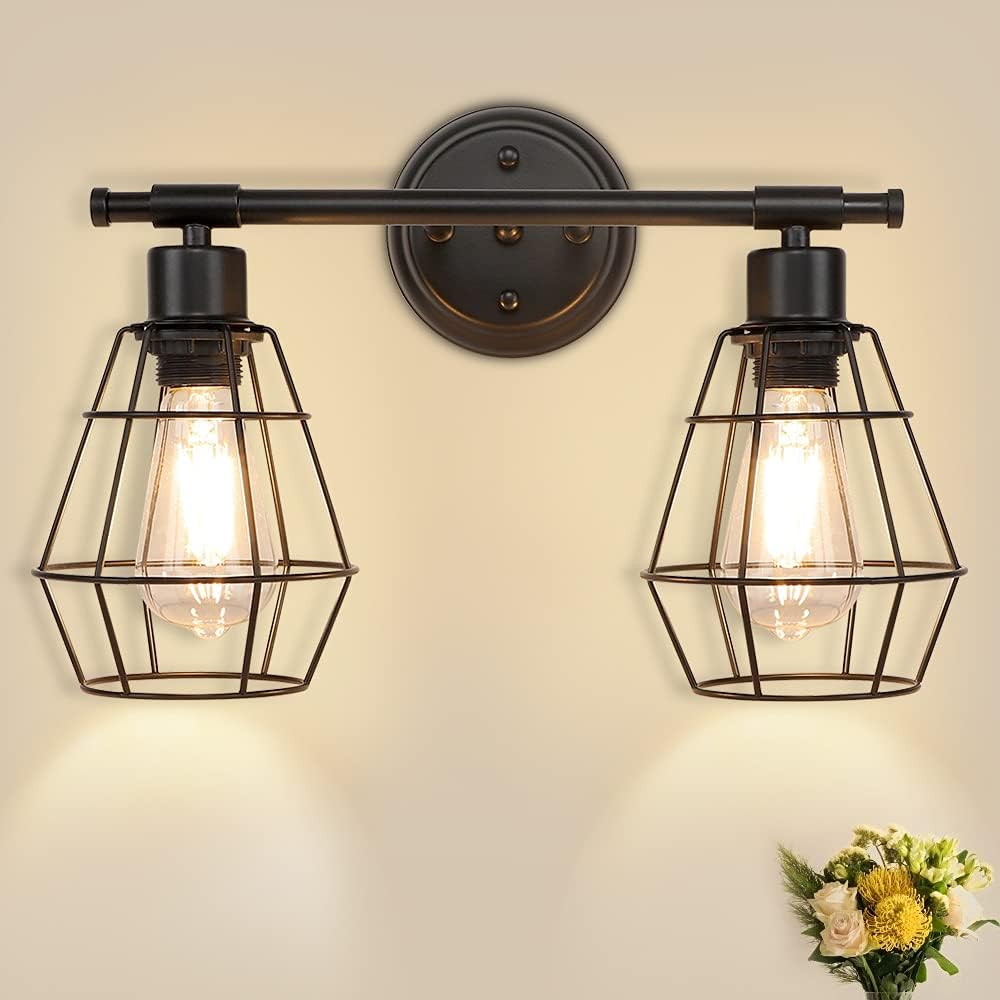 2-Light Industrial Wall Vanity Light Fixture, Black, E26 R1142