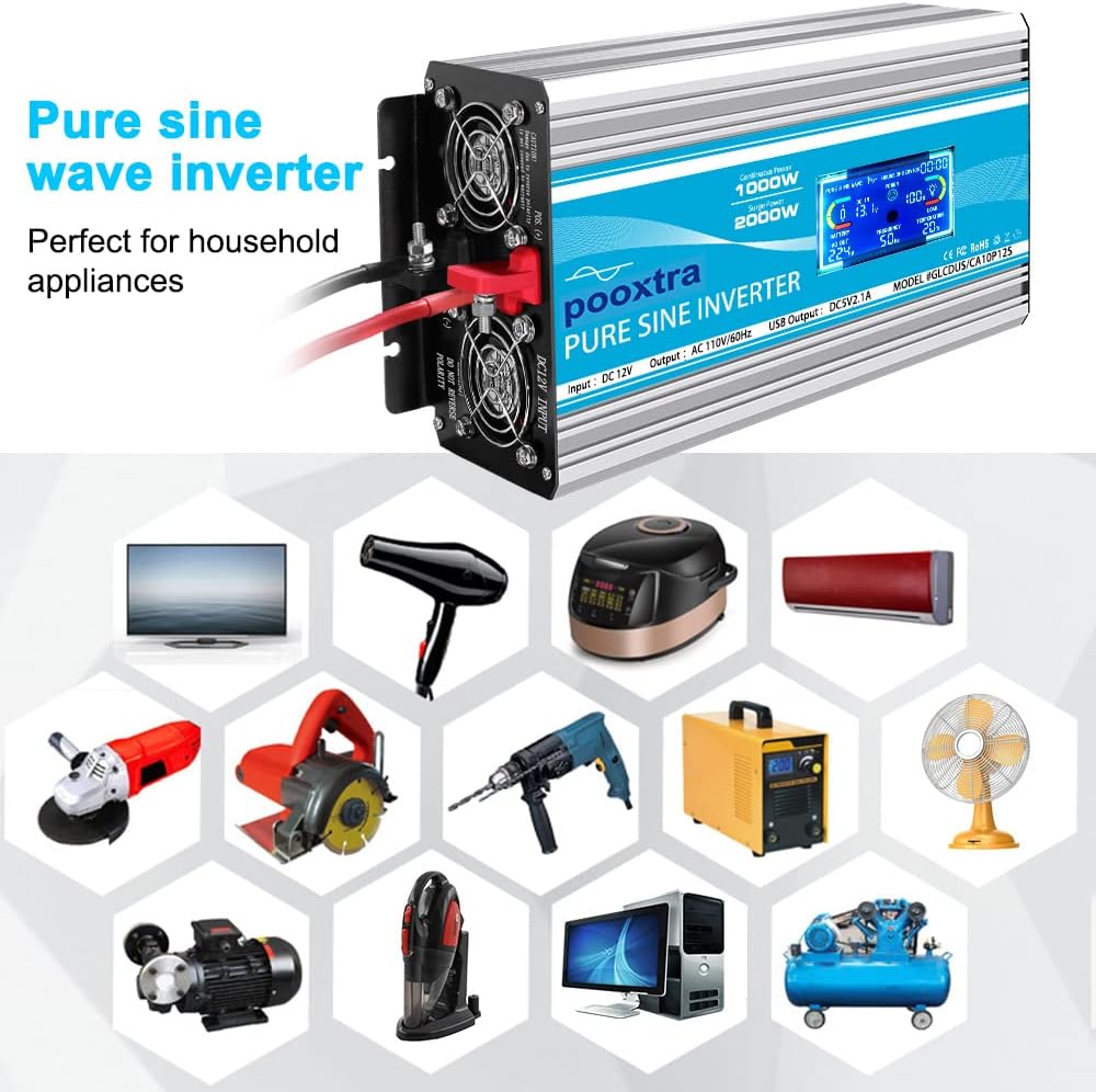 1000 Watt Pure Sine Wave Inverter 12v to AC 110v with 4AC Power Outlets, Remote Control, LCD Display H4214