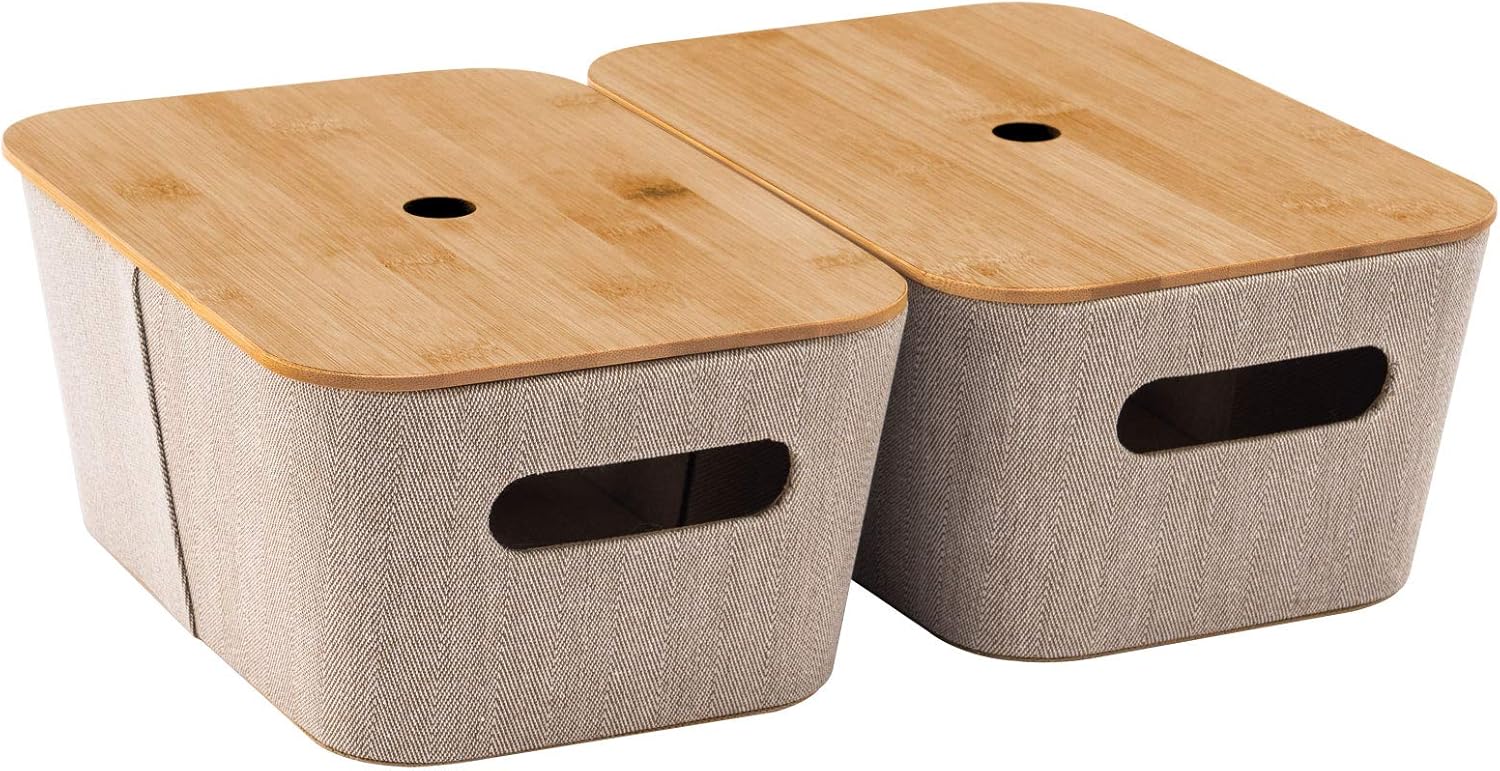 Khaki 3 Pack Storage Baskets with Bamboo Lids Q574