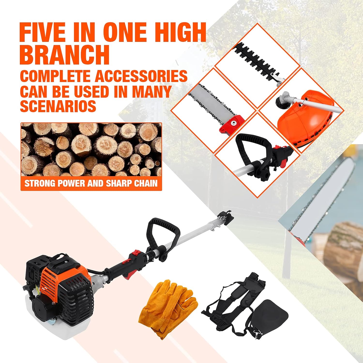 52CC 5 in 1 Gas Pole Saw Hedge Trimmer Straight Shaft Brush Cutter with Extension Pole D802
