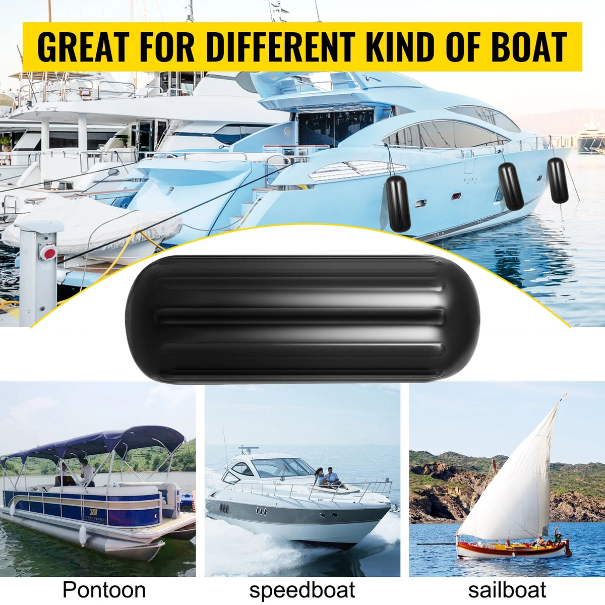 4 New Ribbed Boat Fenders 10" X 28" Black Center Hole Bumpers H549026