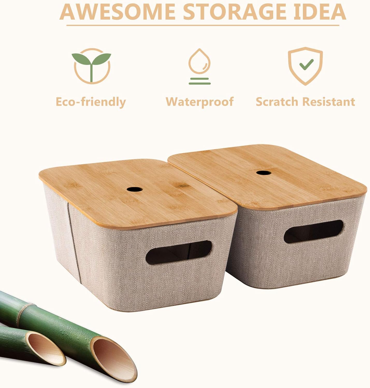 Khaki 3 Pack Storage Baskets with Bamboo Lids Q574