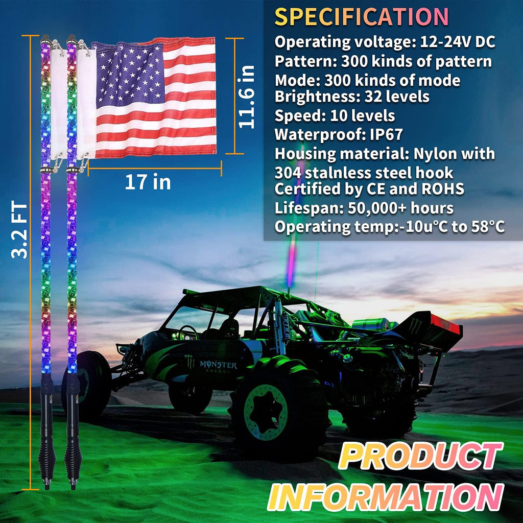 2Pcs 3FT Spiral LED Whip Lights for UTV ATV V95717