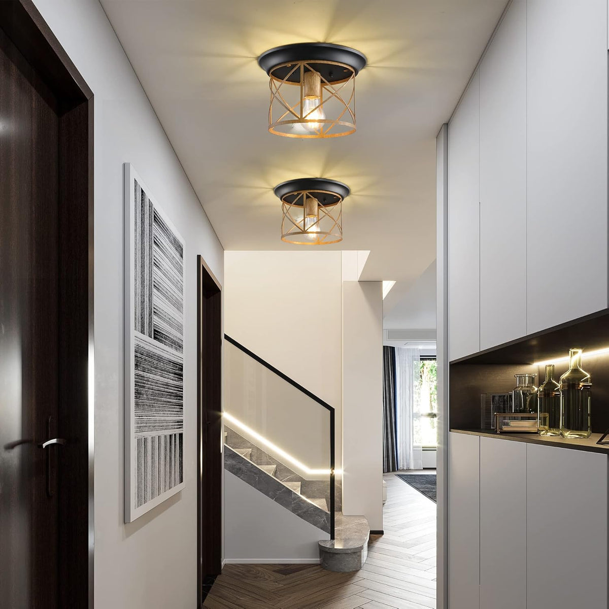 Rustic Flush Mount Ceiling Light with Hand Paint Wood Finish Vintage Industrial Metal Cage Ceiling Lamp E26 Base O6464
