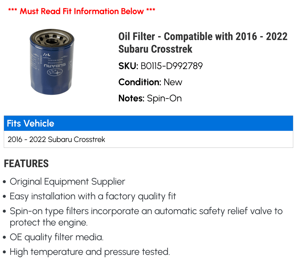 Compatible with 2016 - 2022 Subaru Crosstrek Filter K7725