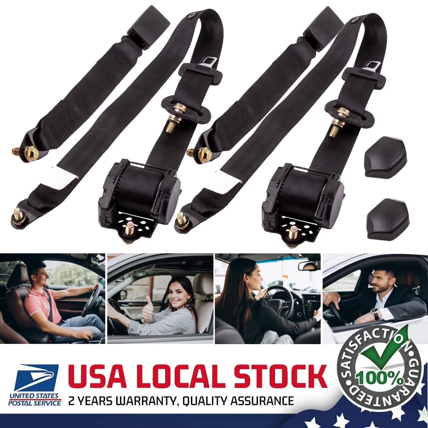 2 Pack Universal 3 Point Retractable Car Seat Belt, Black S8602