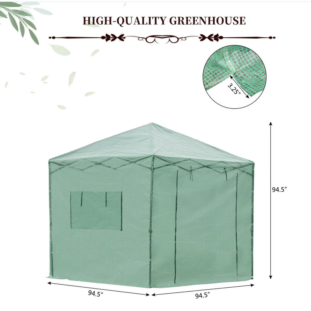 8x8 Ft Pop-up Walk-in Greenhouse with Roll-up Zip Door and 2 Windows J4308