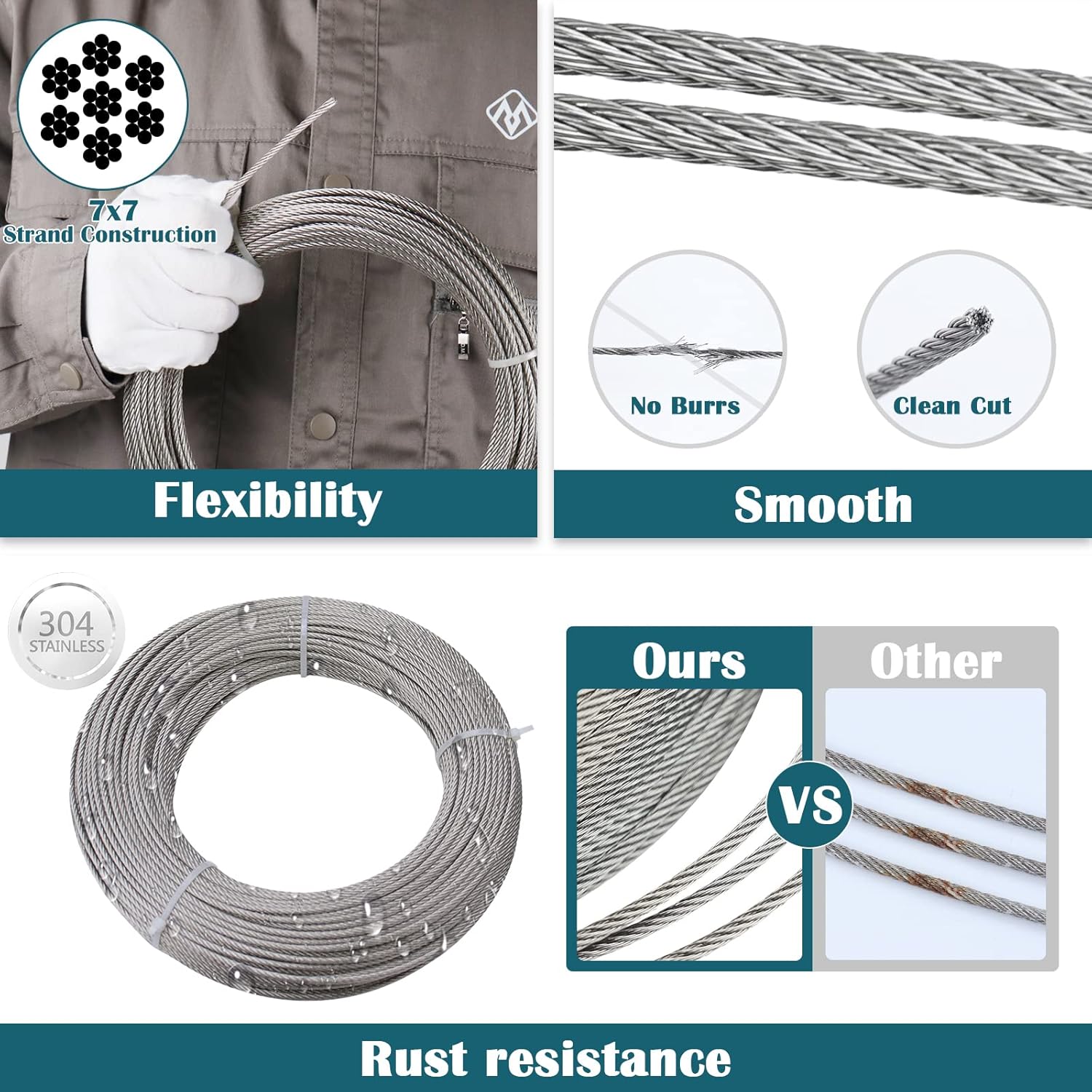 330Feet 1/8inch Stainless Steel Wire Rope Aircraft Cable Railing 7x7 Strand J257