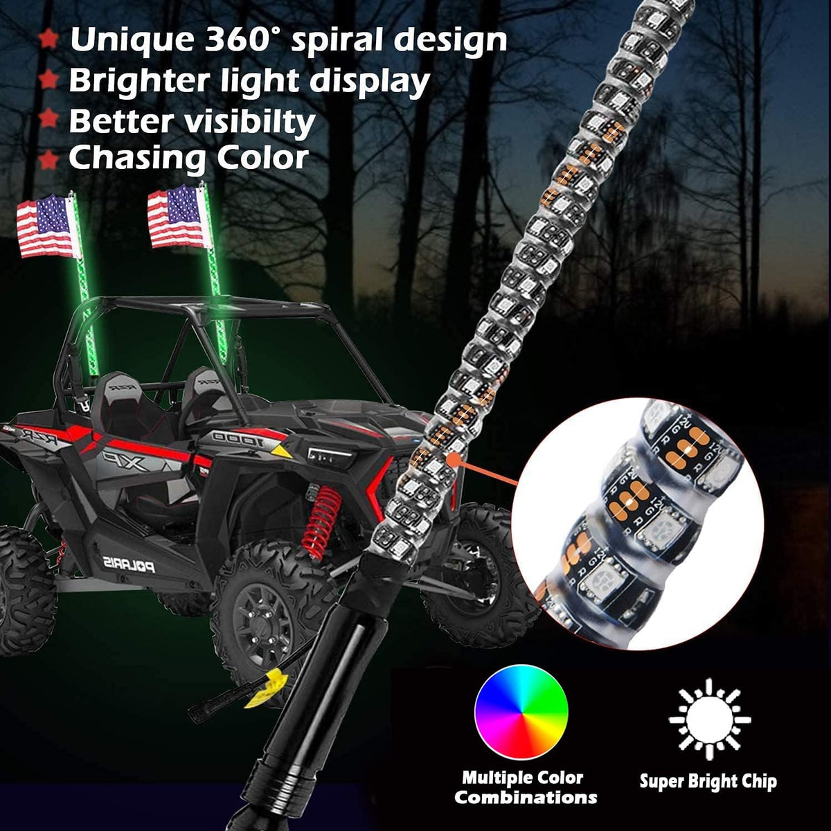 2Pcs 3FT Spiral LED Whip Lights for UTV ATV V95717