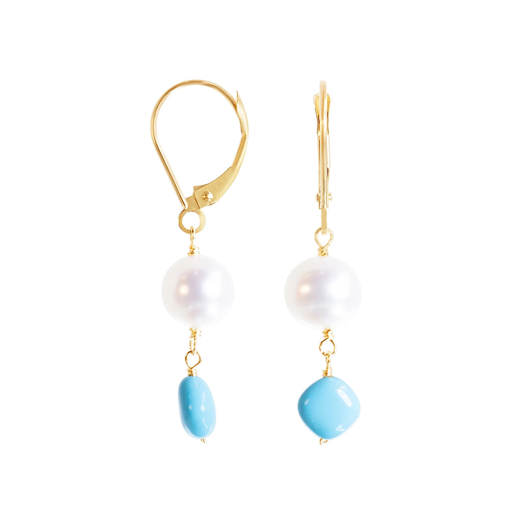 14k Yellow Gold Freshwater Pearl Turquoise Leverback Earring Q377960