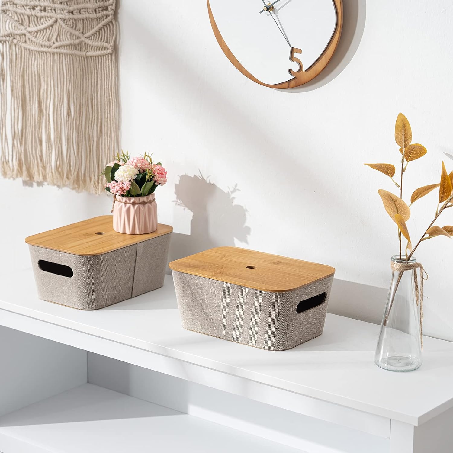 Khaki 3 Pack Storage Baskets with Bamboo Lids Q574