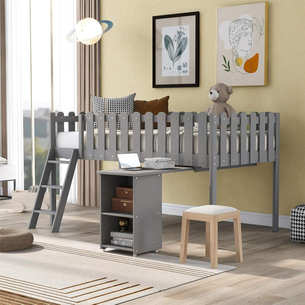Gray Wooden Twin Loft Bed with Slide and Storage Cabinet Drawers and Book Shelves U891486