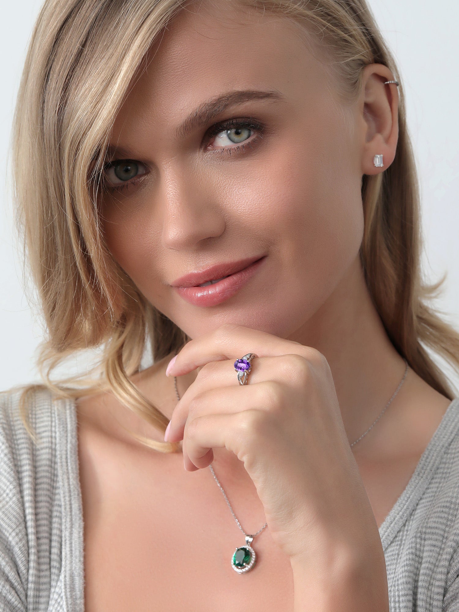 925 Sterling Silver Amethyst and White Lab Grown Diamond 3 Stone Engagement Ring, 1.28 Cttw, Size 9 U428307