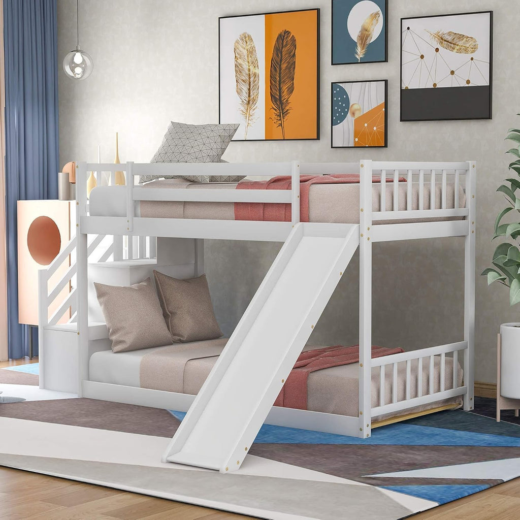 White Twin Over Twin Low Bunk Bed Frame with Storage Staircase J873