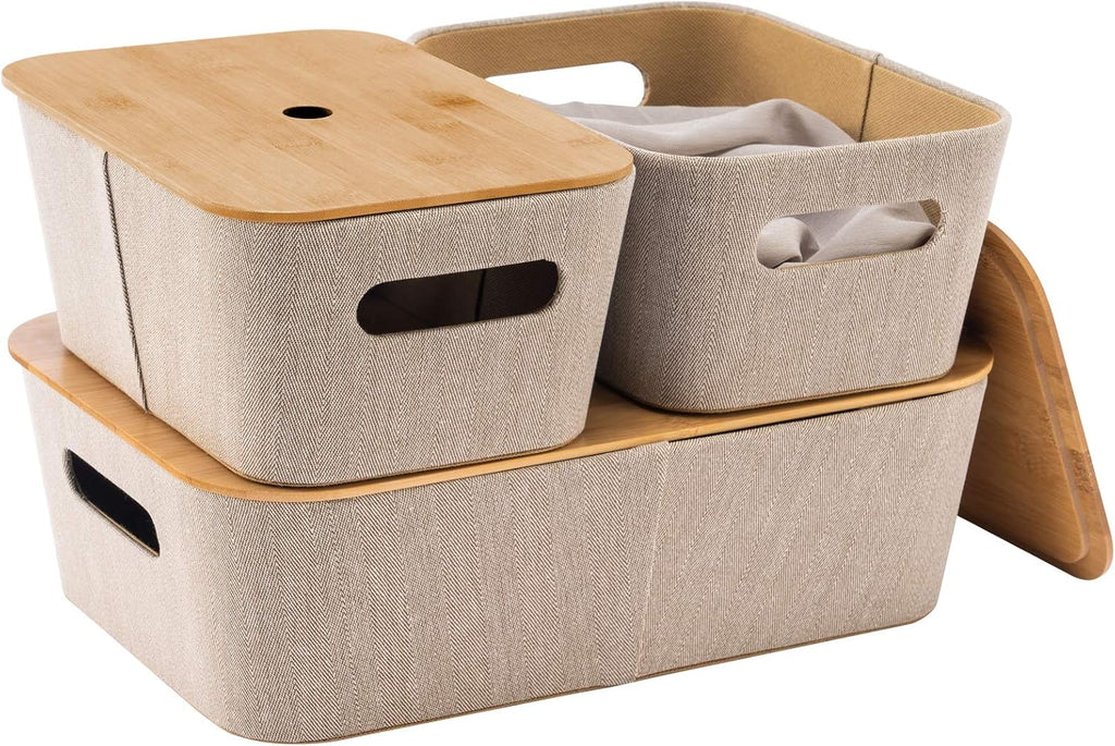Khaki 3 Pack Storage Baskets with Bamboo Lids Q574