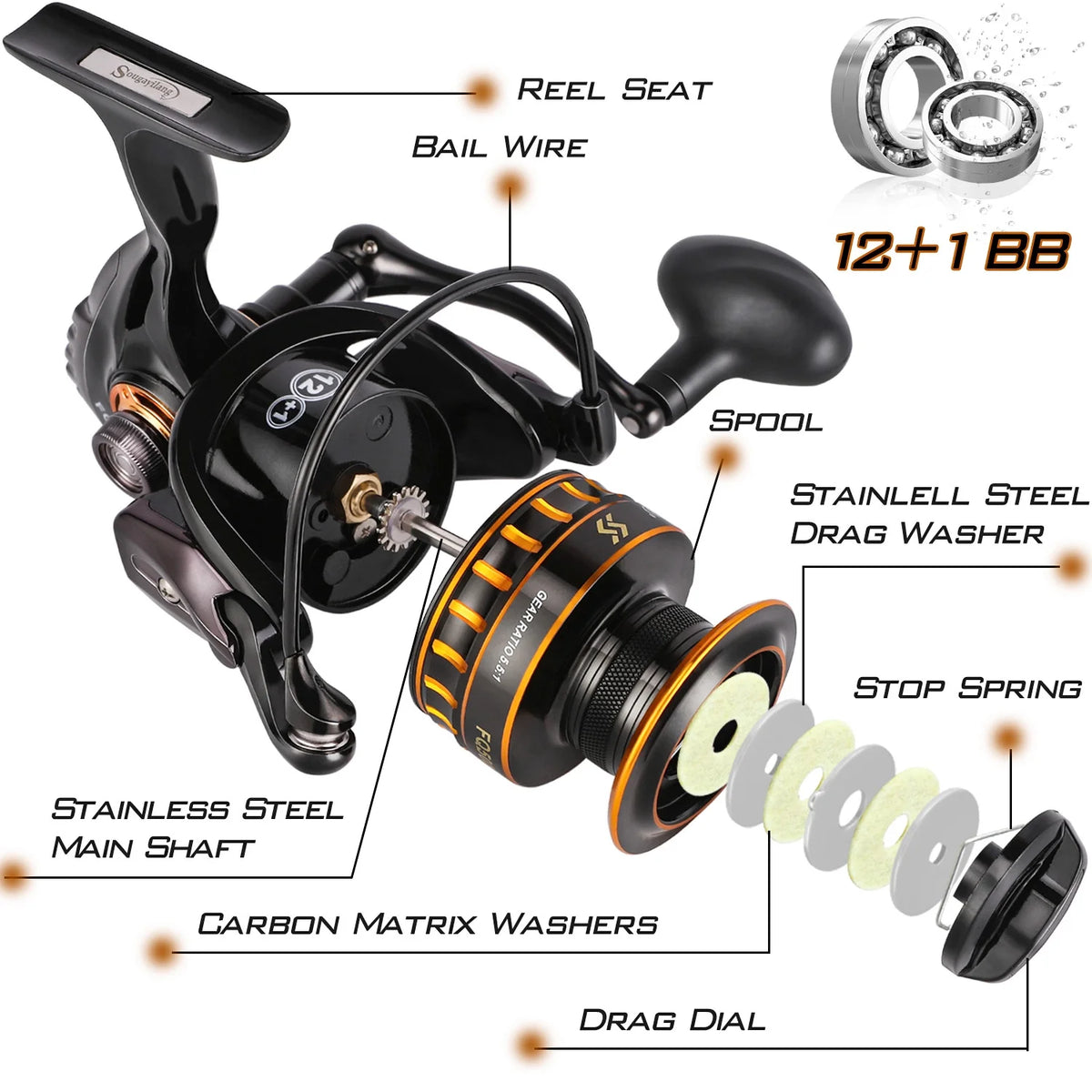 12+1BB Spinning Fishing Reel with Graphite Spool V181776