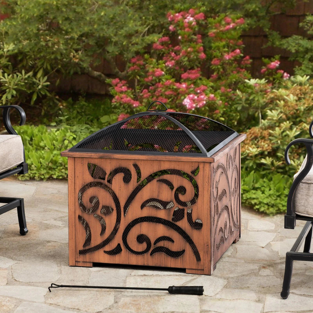 26 Inch Wood Burning Fire Pit with Steel Mesh Spark Screen and Fire Poker V899