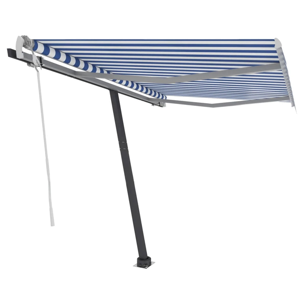 Freestanding Manual Retractable Awning with Base Outdoor Canopy Sunshade Shelter Blue and White 118.1 x 98.4 Inches R1897